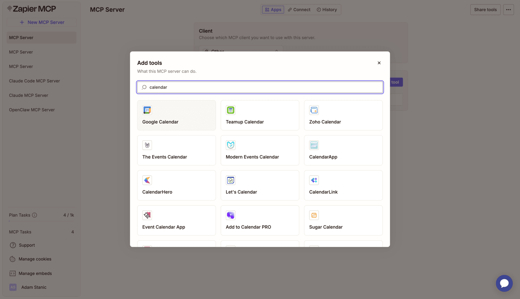 Zapier MCP Add tools dialog searching for calendar apps including Google Calendar.