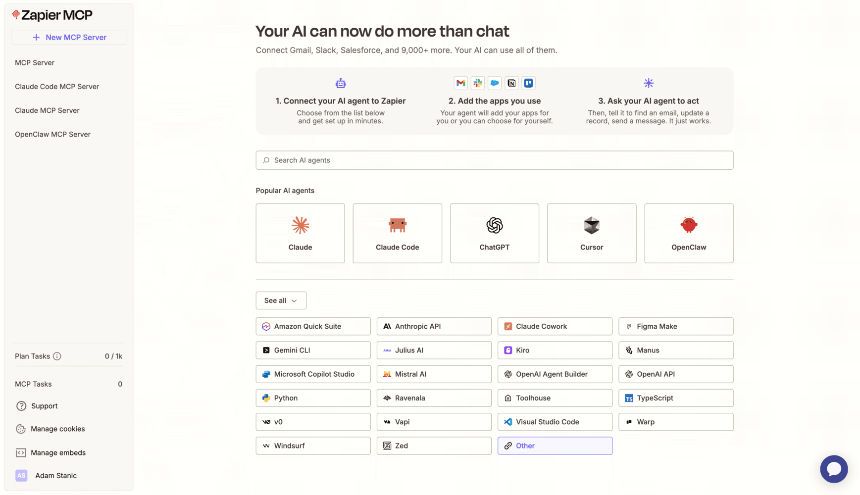 Zapier MCP server creation screen showing popular AI agents and the Other client option selected.