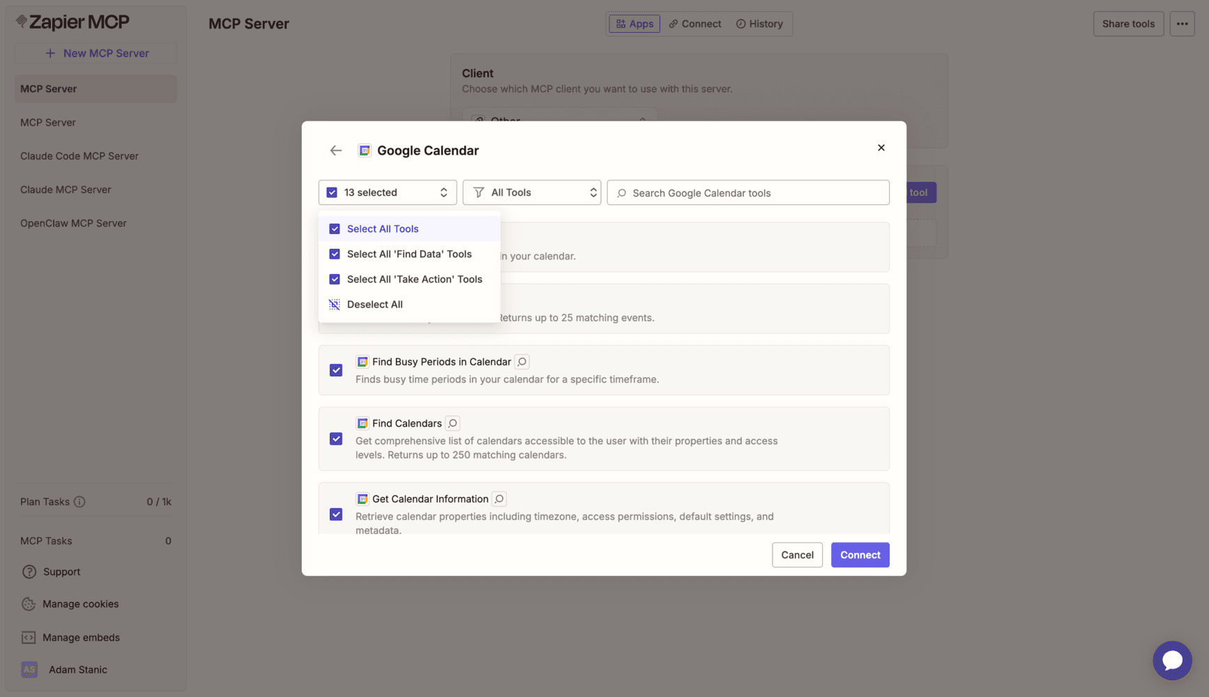 Zapier MCP Google Calendar tool picker with selected find and action tools.