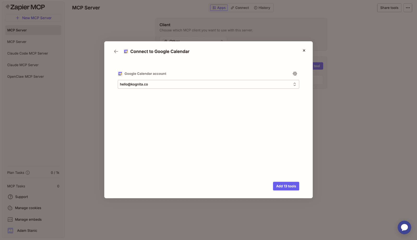 Zapier MCP Google Calendar connection step with an account selected and Add tools button.