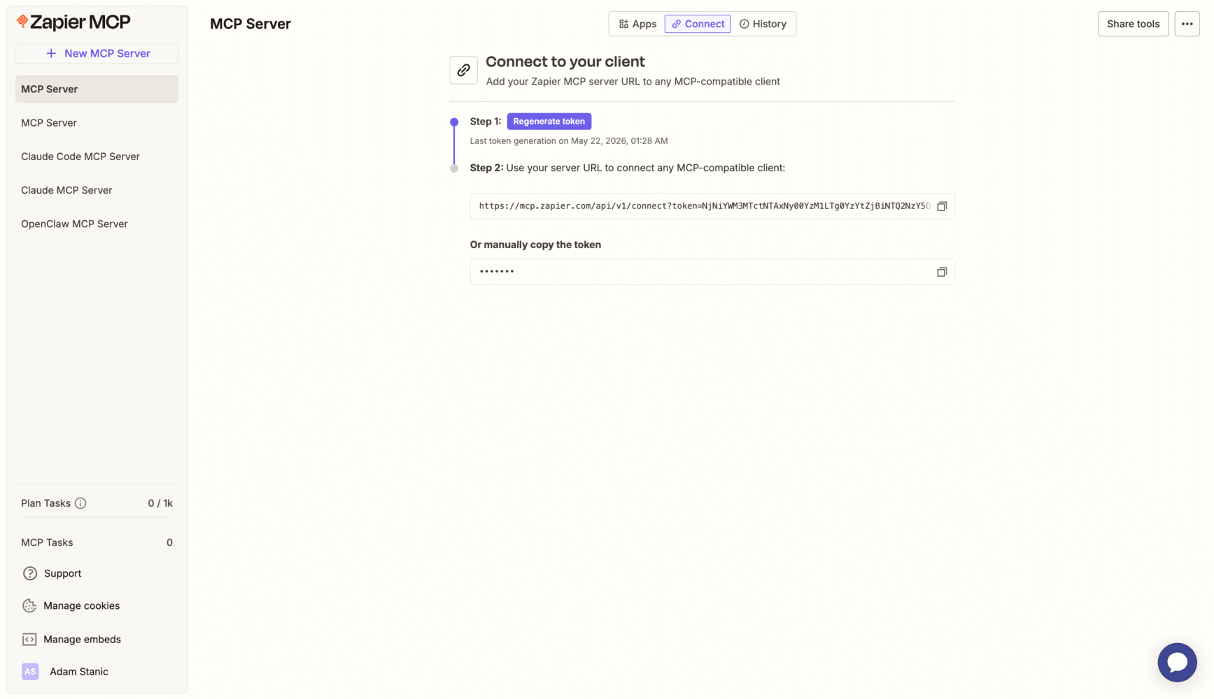 Zapier MCP Connect tab showing the MCP server URL and token controls.