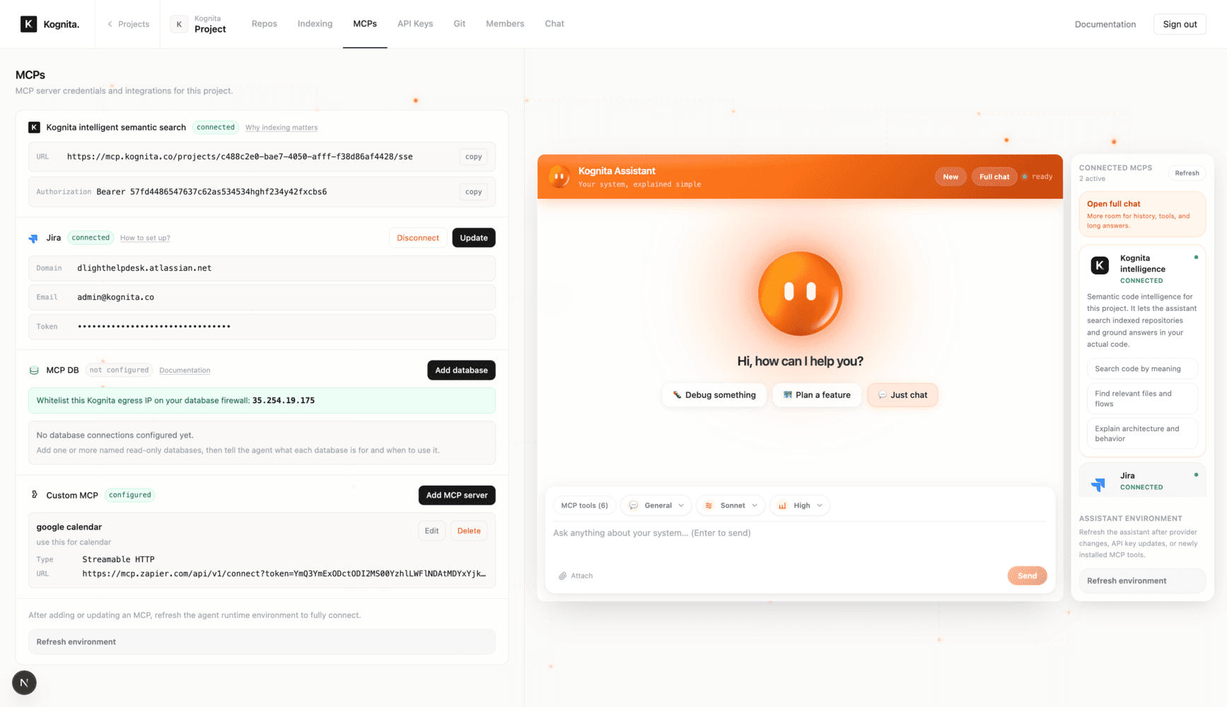 Kognita MCPs page showing a configured Zapier Google Calendar custom MCP and the assistant connected tools panel.