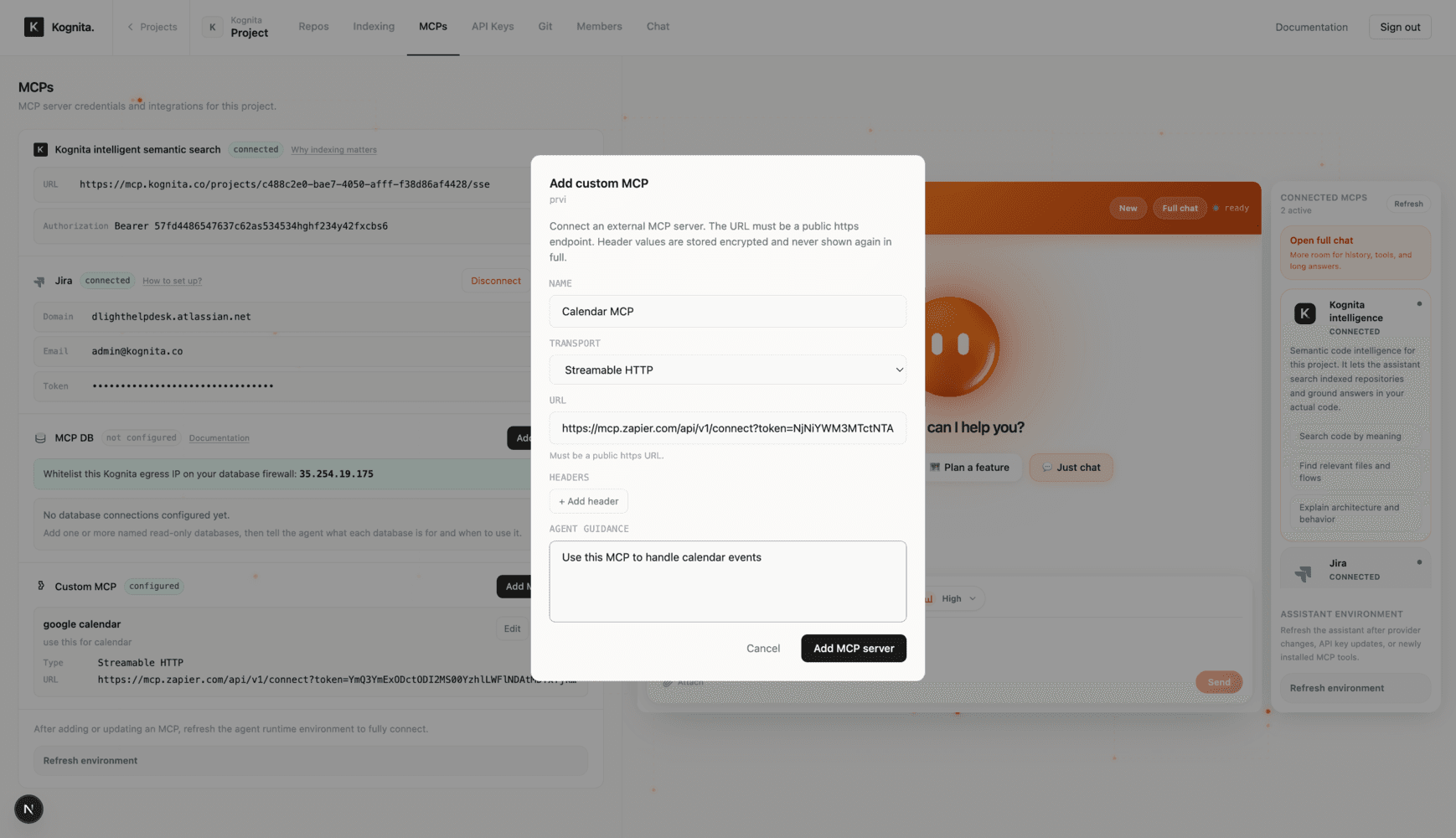 Kognita Add custom MCP modal with Streamable HTTP, a Zapier MCP URL, and agent guidance.